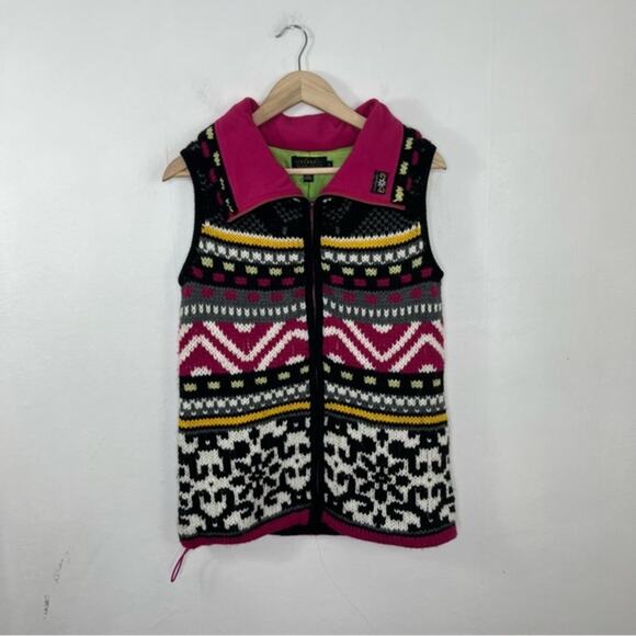 Icelandic Design Woven Full Zip Wool Vest in Pink Black Size Large - Picture 1 of 13